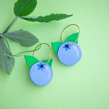 Blueberry Hoop Earrings w/ Leaves - Hand Painted on Reclaimed Leather 