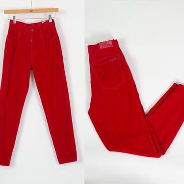 Vintage Red Corduroy High Waist Pants - Extra Small, 24" | 80s 90s Bonjour Tapered Leg Retro Trousers 