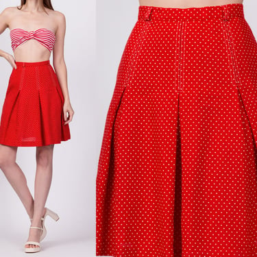 70s Red & White Polka Dot Skirt - Extra Small, 23.5" | Retro Vintage A Line Pleated Mini Skirt 