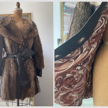 True vintage 1970’s genuine fur coat w/ leather  details | gorgeous 70s lining, S petite 
