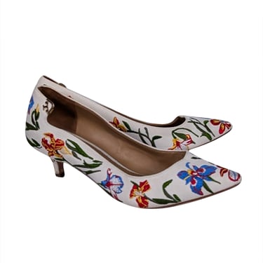 Tory Burch - Ivory & Multi Color Floral Embroidered Low Heels Sz 9.5