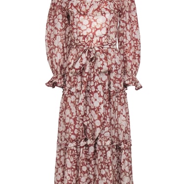 Doen - Rust Red &amp; Cream Floral Print Long Sleeve Maxi Dress Sz M