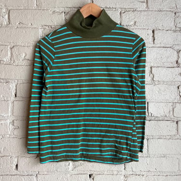 SM, Vintage 1970s Striped Turtle Neck Cotton Long Sleeve Shirt, Green Blue 