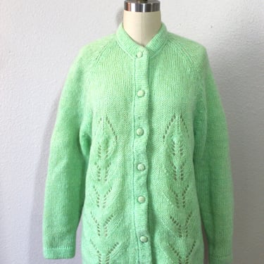 Vintage 1950s 60s Light Green Mohair Cardigan Sweater British Crown Colony Hong Kong // Modern Size US 4 6 8 10 Small Med 
