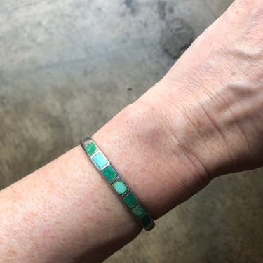 Turquoise Inlay BRACELET / Vintage Zuni Style Cuff / Turquoise and Sterling Southwest Jewelry 