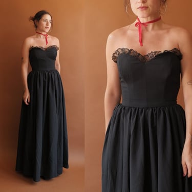 Vintage 80s Black Sweetheart Strapless Gown/ 1980s Lace Trimmed Dark Prairie Dress/ Size Small 25 