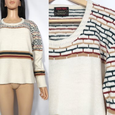 Vintage 70s Unisex Plus Size Scoop Neck Ivory With Fall Tones Cropped Striped Sweater Size XL 