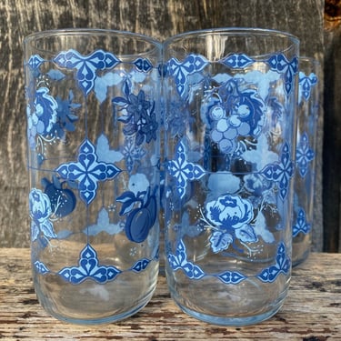 Blue Glassware -- Vintage Cups -- Vintage Tumblers -- Vintage Floral Tumblers -- Floral Glassware -- Libbey Glassware -- Libbey Glasses 