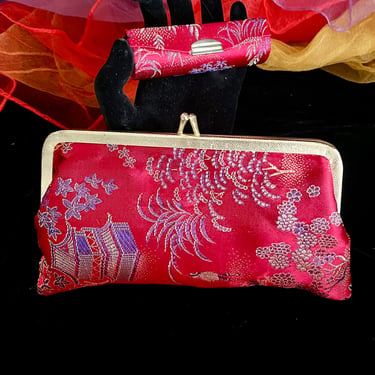 Matching Clutch and Lipstick Holder, Asian Design, Satin Embossed, Mid-Century 50s 60s 