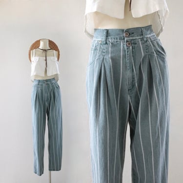 high waist sage stripe trousers - 28 - vintage 90s y2k womens green size 6 pleat pleated front cotton striped small pants 