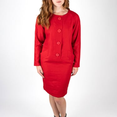 Stunning Vintage 1980s Nippon Boutique Red Linen Cocoon Sheath Dress with Button and Pocket Details 
