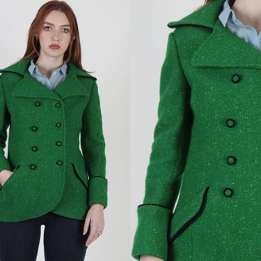 1970's Penny Lane Pea Coat, Kelly Green Color Wool Double Breasted Blazer, 1960s Dagger Shawl Collar Preppy Sport Jacket 
