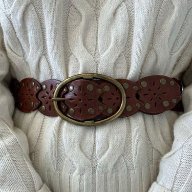 Vintage Y2K Womens Brown 100% Leather Floral Studded Hippie Waist Belt Sz M 