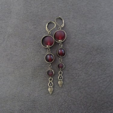Long sea glass earrings, bohemian earrings, goddess earrings, bold boho earrings, dark red earrings, geometric earrings, artisan bronze 
