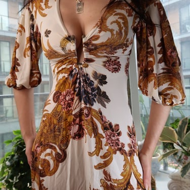 Vintage Just Cavalli Baroque Print Dress – Deep V Cut & Puff Sleeves