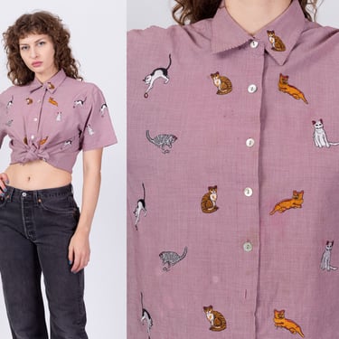 80s Embroidered Cat Shirt - Petite Medium | Vintage Red Houndstooth Abalone Button Up Short Sleeve Top 