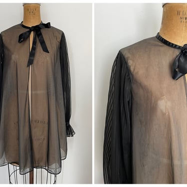 Vintage 1960’s Vanity Fair black chiffon peignoir robe, accordion pleat balloon sleeves, satin tie, 34 S/M 