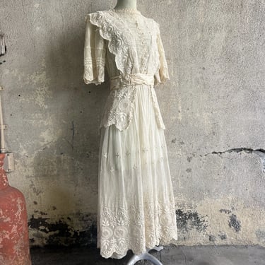 Antique Edwardian Cream Embroidered Floral Net Lace Dress | Strange Desires  - Alhambra, CA | ATTIC