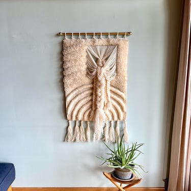 Vintage tasseled wall hanging / large handmade cream-colored fiber art creation featuring braids 