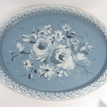 Vintage Blue Painted Tole Metal Tray -  Blue White Toleware Tray Painted Flowers 