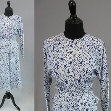 80s Blouse or Jacket and Skirt Set - Cool Peplum Detail - White w/ Navy Blue Brushstrokes - Full Skirt - Vintage 1980s - XS S 
