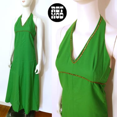 Simple & Chic Vintage 70s Apple Green Halter Maxi Dress with Sequin Trim 