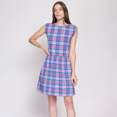 Small 90s Madras Plaid Drop Waist Dress | Vintage Button Back Retro Mini Cap Sleeve Pinafore Dress 