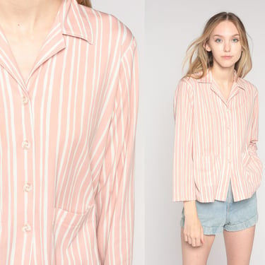 70s Striped Blouse Pink White Button Up Top Retro Disco Shirt Long Sleeve Collared Pocket Shirt Preppy Basic Summer Vintage 1970s Large L 