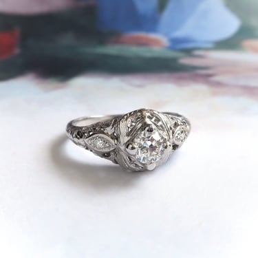 Art Deco .34 ctw. Diamond Filigree Engagement Ring 18K White Gold 