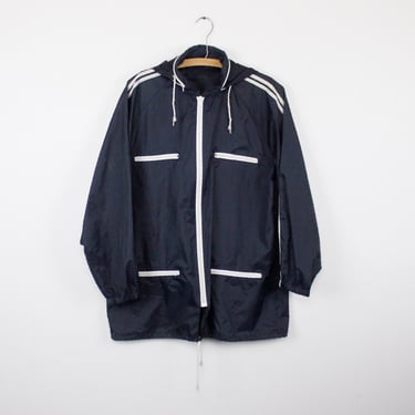 Vintage 80's dark navy blue windbreaker, hidden hood, white zippers and stripes - L 