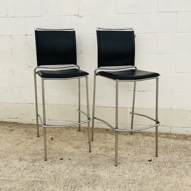 Black Leather and Chrome Bar Stools / Pair