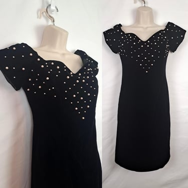 Vintage 90s Black & Pearl Velvet Party Dress, Size Small / Extra Small 