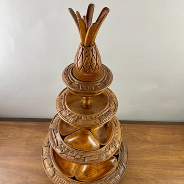 Vintage four  tiered monkey pod lazy susan with pineapple topper and all original pieces 