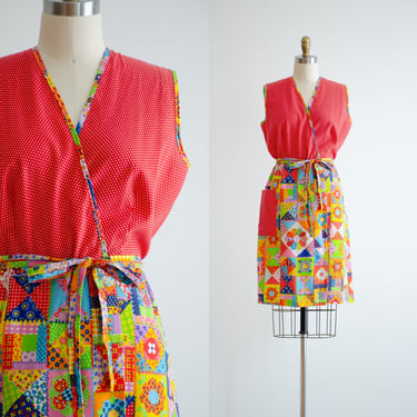 boho wrap dress 70s vintage red lime green yellow psychedelic floral patchwork sleeveless dress 