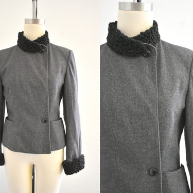 1970s Gray Wool Blend Jacket with Black Persian Lamb Cuffs and Collar 