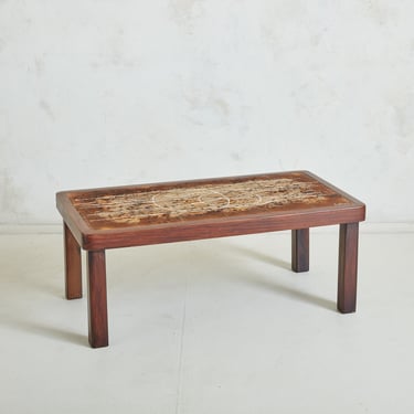 Brown Ceramic Tile Coffee Table with Wood Frame by Jean D'asti, France 1960s