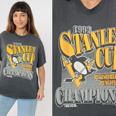 Vintage 1992 Pittsburgh Penguins T-Shirt Stanley Cup Champions NHL Licensed Trench Graphic Tee Grey Crewneck Sports USA Made Large L 