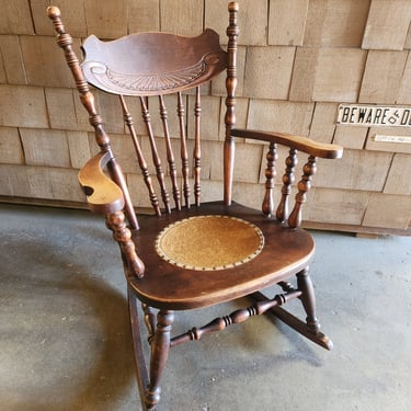 Antique Rocking Chair with Leather Seat 25" x 35.5" x 30.5"