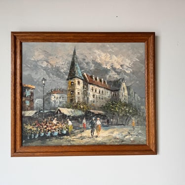 Vintage Caroline Burnett Parisian Street Scene Oil Canvas Painting, Framed 