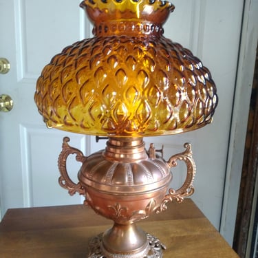 ANTIQUE Electrified Oil Lamp, Victorian Lamp, Copper Lamp, Amber Glass Shade,  Home Decor 