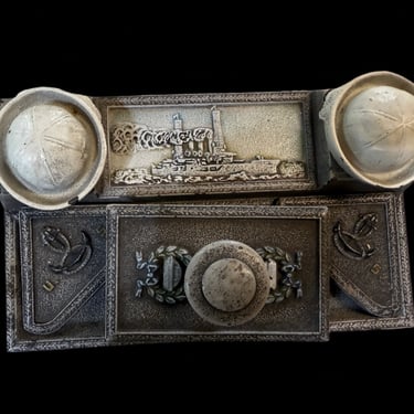 #Antique Cast Iron Naval Inkwell Desk Set – Dual Inkwells, Battleship USS Maine Relief