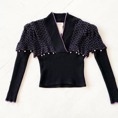 1970s Zandra Rhodes Black + Purple Wool Sweater with Pearl Trim 