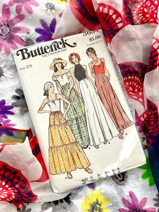 Vintage Sewing Pattern, Tiered Skirt, Prairie, Peasant, Cottage Core, Boho, Complete with Instructions, 25 In. Waist, Butterick 