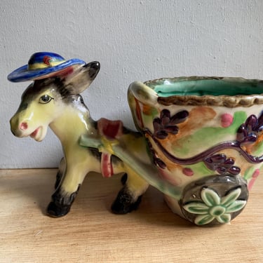 READ, 60's Vintage Donkey Planter, Donkey With Hat, Large Burrow Pulling Cart, Houseplants, Southwestern, Repair Made 