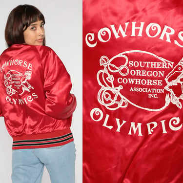 Cowhorse Olympics Jacket 90s Red Satin Bomber Western Rodeo Riding Southern Oregon Cowboy Snap Up Retro Streetwear Vintage 1990s Mens Small 