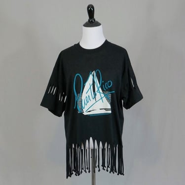 80s Puerto Rico Fringe Shirt - Black White Dark Teal - Sailboat - Slashed Short Sleeves - Vintage 1980s - XL 
