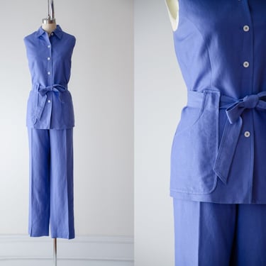 blue linen suit | 90s y2k vintage periwinkle French blue sleeveless blouse vest wide leg pants set 