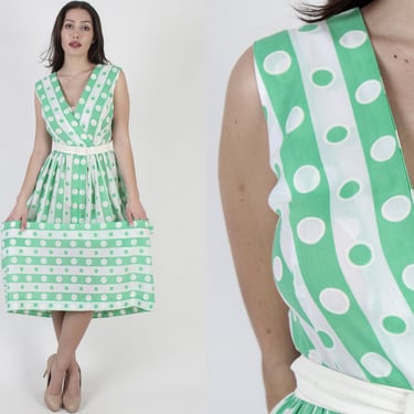 Casual Big Polka Dot Print Sun Dress With Hip Pockets, Vintage 70s Striped Cocktail Party Wrap 