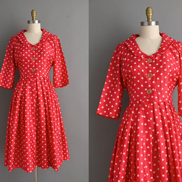 vintage 1950s Dress | Apple Red Polka Dot Silk Full Skirt Shirtwaist Dress | Medium Large 