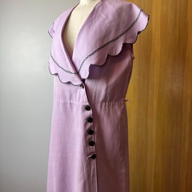 1930’s 40’s lavender lilac dress~ 100% cotton large scalloped shawl collar~ black & white checker trim Plus size/ Volup pinup 44” bust 